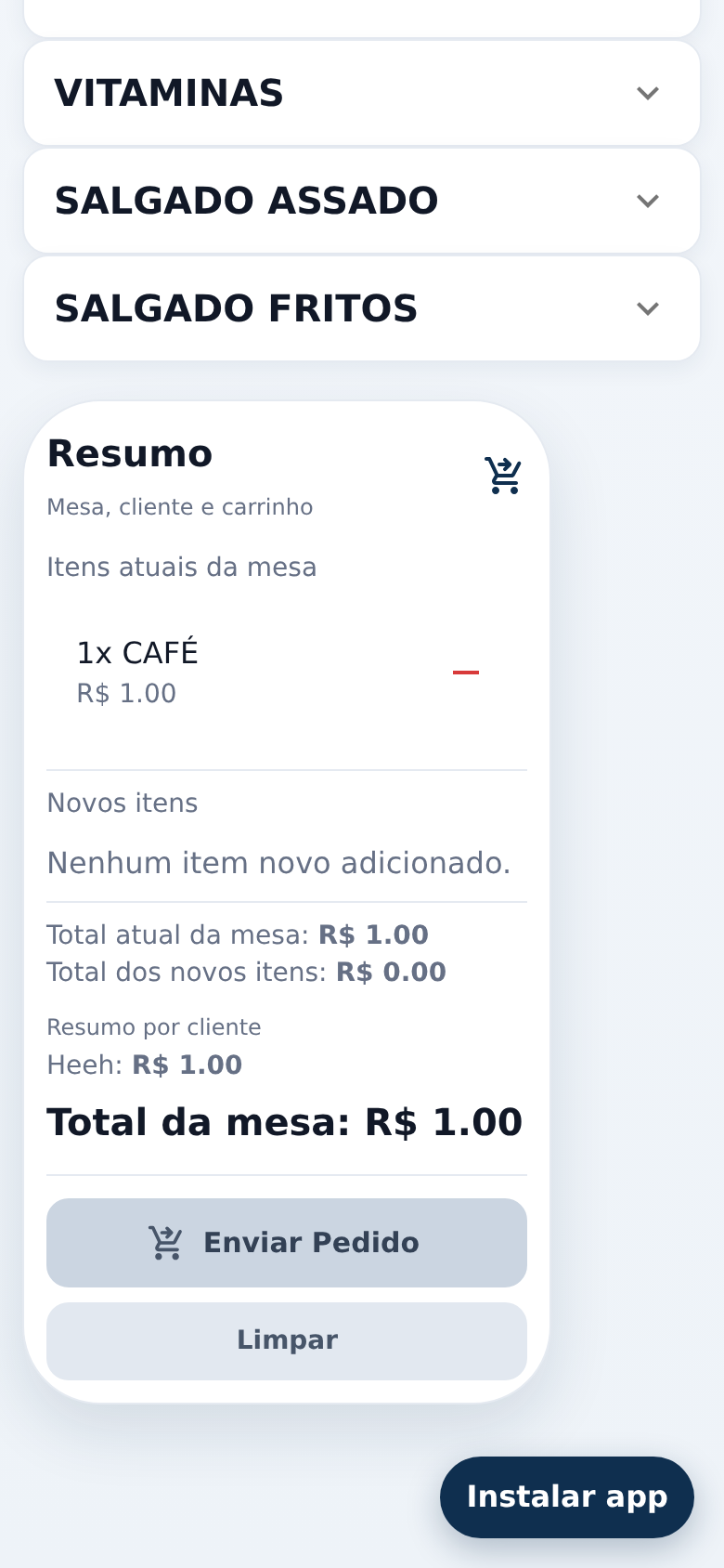 Tela real do app do garçom enviando pedido